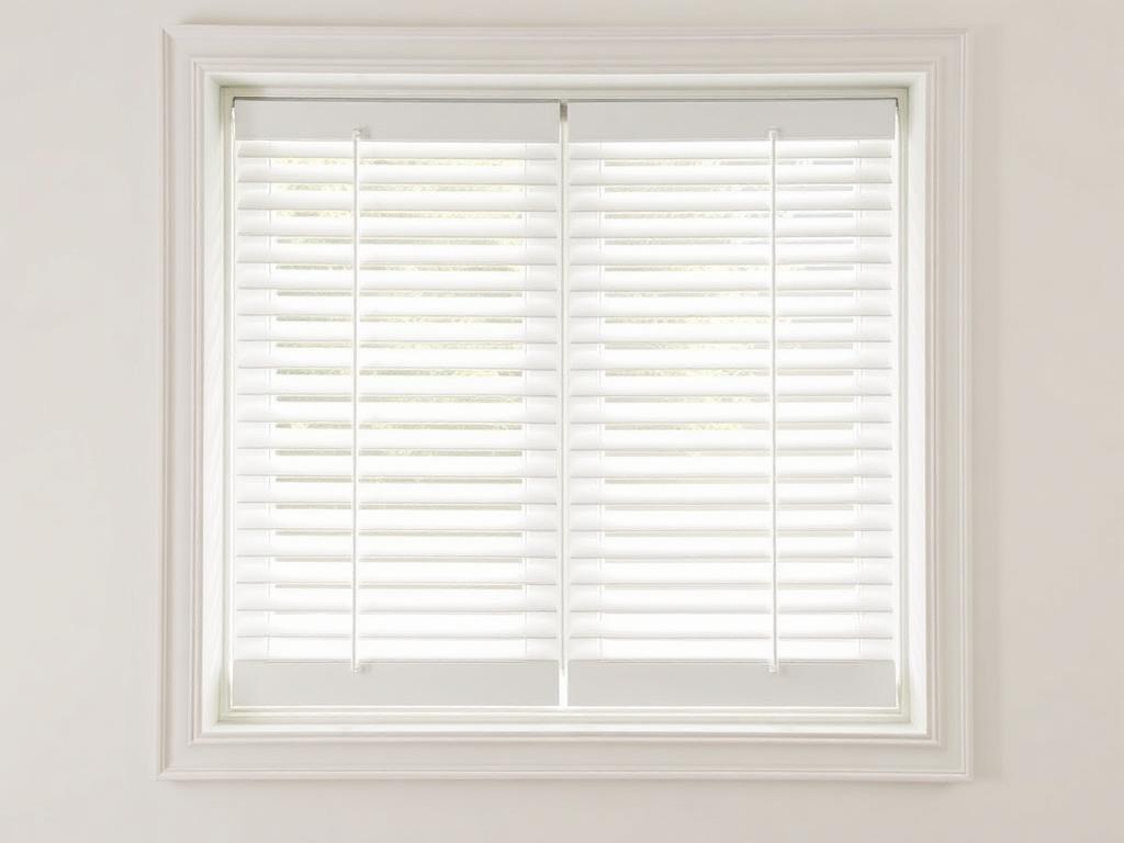 White wooden venetian blinds fitted to a bright window